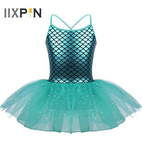 IIXPIN Girls Ballet tutu Dress Glitter Mermaid Costume Spaghetti Shoulder Straps Scales Pattern Printed Dance Gymnastics Leotard