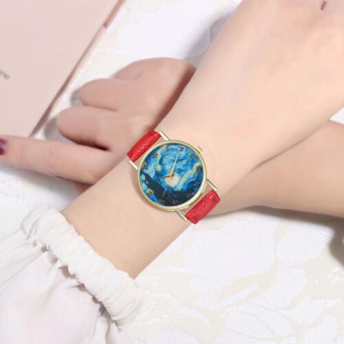 New Fashion Women Watch Top Brand Van Goghs Starry Women Men Watches Leather Strap Quartz Clock Couple Gift