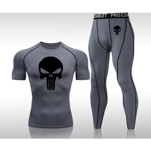 Skull Mens Compression Suit Sportswear Gym t shirt Thermal tights muscle shirt sport pants leggings thermal underwear
