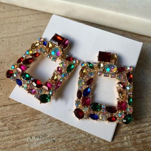 Dvacaman Bohemian Colorful Rhinestone Geometric Square Drop Dangle Earrings for Women Luxury Crystal Jewelry Wedding Accessories