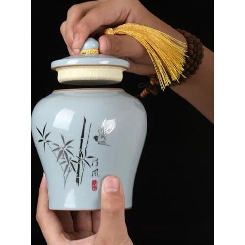Elegant Bamboo Flower Pattern Porcelain Tea Canister Herbs Spices Storage Tanks With Tassel Lid Balm Box Moisture-Proof Coffee