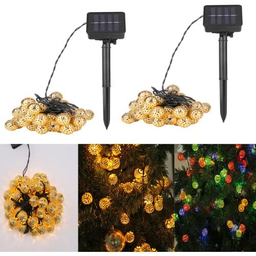 Solar Powered Moroccan Ball Lamp String Waterproof LED Wrought Iron Metal Hollow Out Ball Colorful Fairy Light