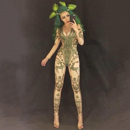 Full Diamond Green Elk Print Long Sleeved Flesh-Colored Jumpsuit Crystals Bodysuit Sexy Nightclub Party Celebrate Wear DNV10834