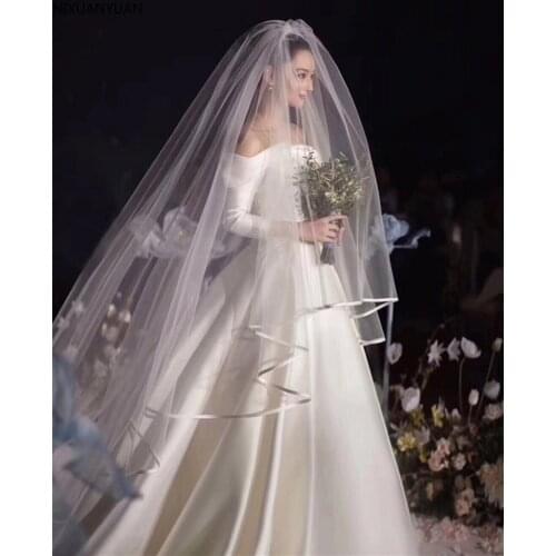 White Ivory 4 Meters Long Full Edge Lace Wedding Veil One Layer Tulle Bridal Veil with Comb Wedding Accessories Veu De Noiva