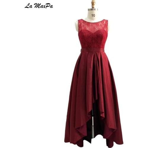 Lace Boat Neck Wine Red High Low Bridesmaid Dress CMT99