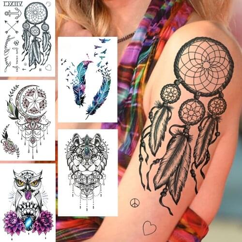 Dreamcatcher Temporary Tattoos For Women Adults Realistic Fake Owl Wolf Feather Tattoo Sticker Black Jewelry Chains Tatoos Paste