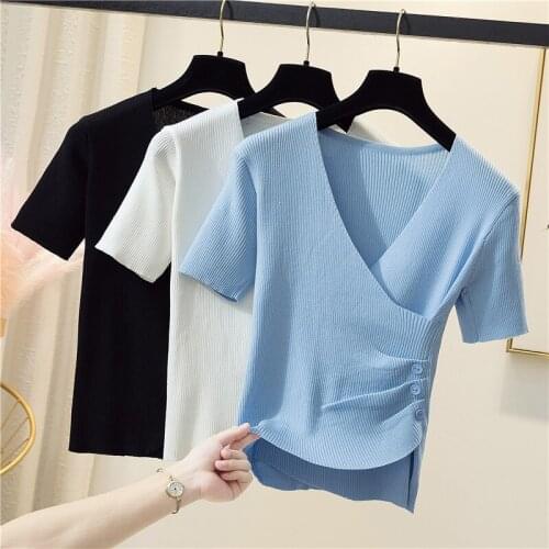 M-4XL plus size women sexy basic thin sweater 2021 Summer short sleeve v neck button slim Oversized female pullover jumper