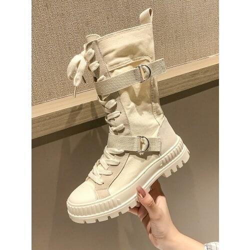 British Style Fashion Ladies Martin Boots Spring And Autumn Hot Sale Canvas Solid Color Thin Section Mid-Tube Motorcycle Boots