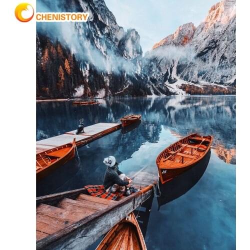 CHENISTORY Coloring By Number Snow Mountain Lakes Landscape Handpainted Kits Drawing Canvas Pictures Oil Painting Boat Home Deco