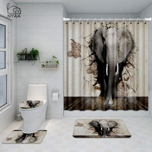 Water Color Elephant Shower Curtain Polyester 4 Piece Bathroom Set Carpet Cover Toilet Cover Bath Mat Pad For Home Decor