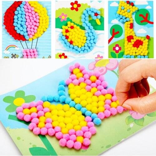 1Pc Kindergarten Children DIY Material Pompon Stickers Hand-made Creative Hair Ball Painting New Gift