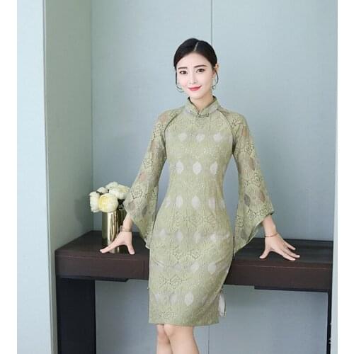 2020 New Spring Green Lace Cheongsams Dress Women Sexy Slim Cotton Qipao Long Sleeve vestidosl Traditional Chinese Clothing
