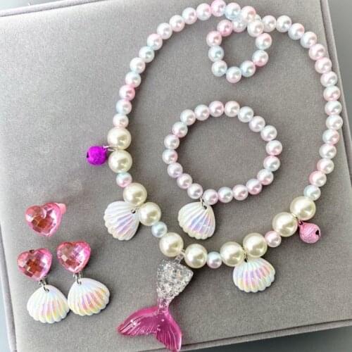 Baby Girls Pink Beads Necklace Earrings Bracelet Fashion Mermaid Tail Pendant Child Kids Necklce Charm Jewelry For Gift