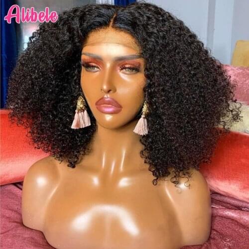 Alibele Mogolian Afro Kinky Curly Lace Front Human Hair Wigs 150 Density 13x4 Curly Human Hair Lace Frontal Wig 10-24 inch Long