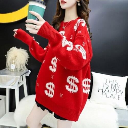 USD Elegant Red 3D Money Oversized Pullovers Women Winter O-Neck Loose Long Sweaters Streetwear Warm Outerwear Overcoat Cloth