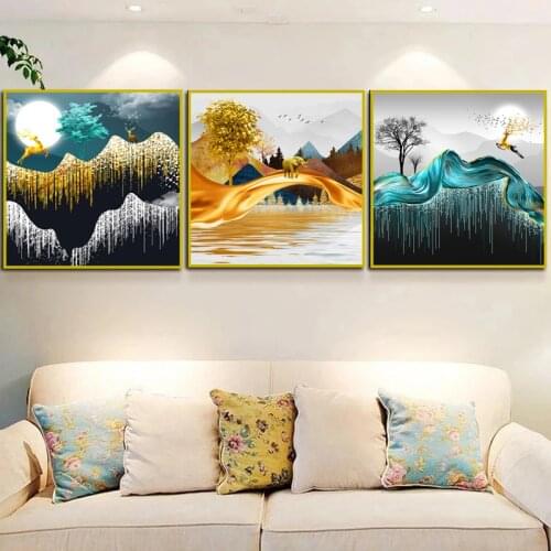 Luxury Nordic Elks Ribbon Mountains Oil Painting on Canvas Wall Art Posters Prints Wall Picture for Living Room Home Cuadros