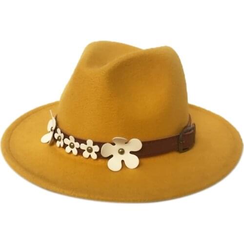 Yellow fedora hats Jazz Hats British style hat women fashion hat wide brim hat jazz woolen hat new flat brim hat