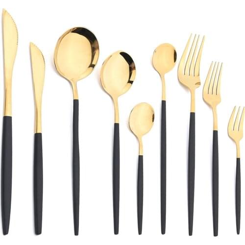 JANKNG Stainless Steel Dinnerware Set Black Gold Cutlery Knife Fork Spoon Dessert Silverware Dinner Flatware Set Mirror Polish