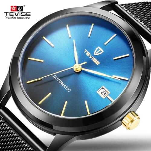 TEVISE Black Blue Mechanical Watch Men Mesh Steel Automatic Watches Full Gold Luxury Waterproof Shockproof Date Wristwatch Mens