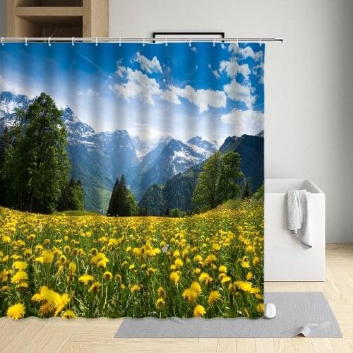 Lavender Daisy Landscape Shower Curtain Maple Leaf Tree Mountain Lawn Waterproof Cloth Bathroom Decor Bath Screen With Hooks
