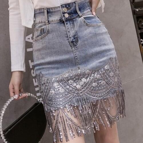 2020 High-end Luxury Sequin Embroidery Stitching Denim Skirt Womens Skirts Fashion Elegant Beaded Tassel Package Hip High Waist