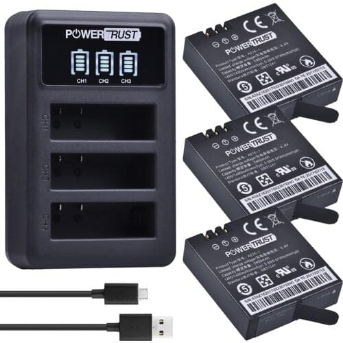 PowerTrust 3Pcs AZ16-1 1400mAh for Xiaomi Yi 4K II 3.85V AZ16 Batteries + LED 3 Port USB Charger For XiaoYi 4K 2 Action Camera