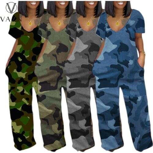 VAZN 2021 Autumn New Style Plus Size High-end Camouflage Nature Young Overalls V-Neck Short Sleeve Women Wide Leg Jumpsuits