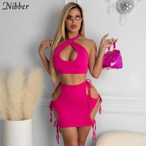 Nibber Solid Color Criss-Cross Backless Womens Suit Party Club Beach Hollow Out Sexy Bandage Crop Top Mini Skirt Two-piece Sets