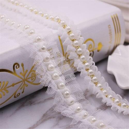 5Yards White Pearl Beads Lace Mesh Fold Trim DIY Lace Fabric Clothing Wedding Headwear Handmade Braid Laciness Accessories