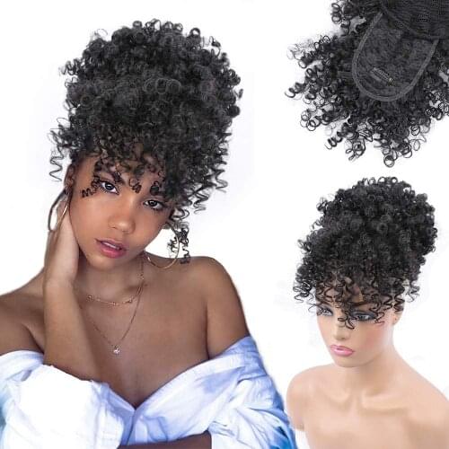 Drawstring High Afro Puff Kinky Curly ponytail with Bangs hairpiece hair afro Short Wrap Synthetic afro ponytail Hair Extensions