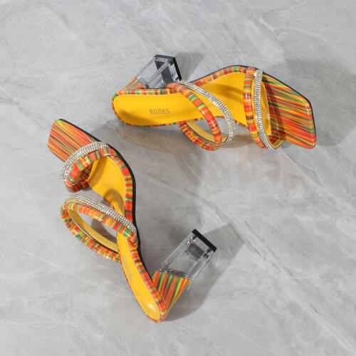 Sandals Womens 2021 Summer New Comfortable Latex Hollow High Heel Sandals Rhinestone Square Heel Fashion Party Slippers 8.5cm