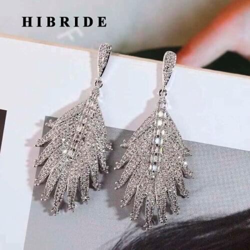 HIBRIDE New Micro CZ Pave Gold Color Leaf Shape Fashion Drop Earring For Women Birdal Party Accessories Jewelry E-895