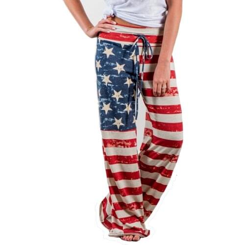 Hitmebox 2019 Fashion Womens Amercian Flag Casual Loose Wide Leg Palazzo Long Pants Stripes Color Block Drawstring Boho Trousers