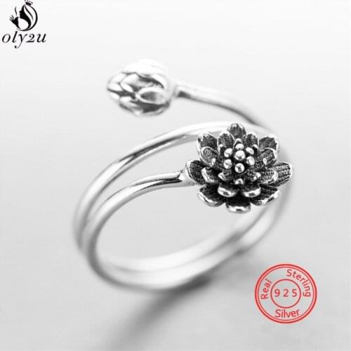 925 Sterling Silver Vintage Winding Shape Lotus Flower Opening Rings for Women Chinese Style Resizable Sterling-silver-jewelry