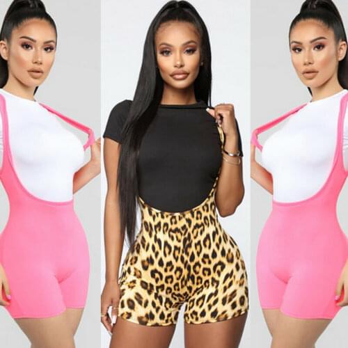 New Fashion Womens Spandex Bib Shorts 2020 Summer Casual Beach Slim Jumpsuit Leopard Print Solid Color High Waist Rompers Shorts