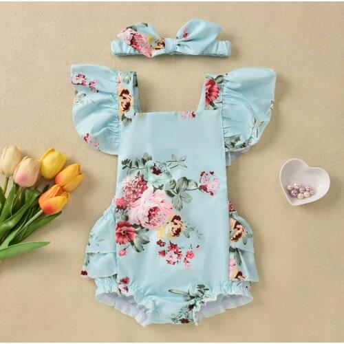 Newborn Baby Girls Rompers Headband 2pcs Flowers Printed Ruffles Short Sleeve Backless Jumpsuits 0-12M