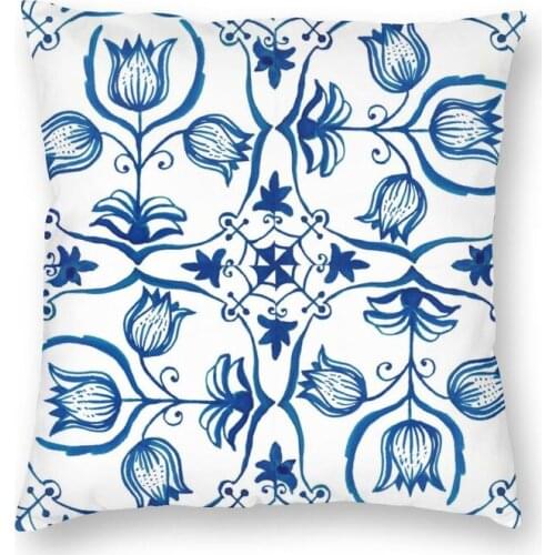 Delft Blue Tulips Square Pillow Case Decoration Flower Pattern Cushion Cover Throw Pillow for Living Room Double-sided Printing