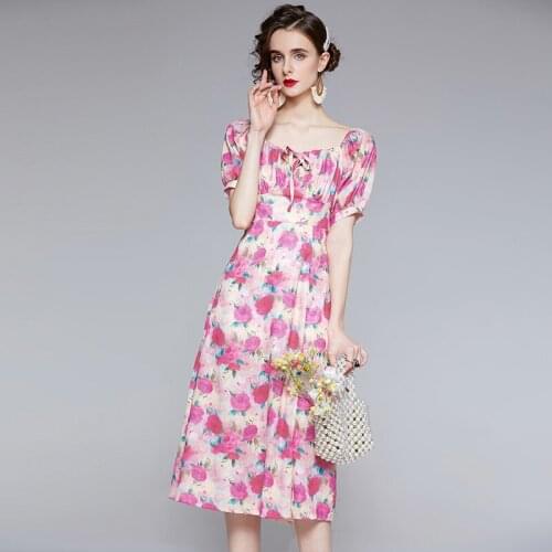 JSXDHK Summer Holiday Floral Dress Elegant Women Short Sleeve Flower Printed Chiffon High Waist Ladies Square Collar Midi Dress