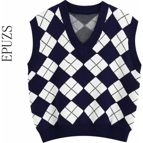 Sweet sleeveless plaid Knitted Sweater women Eurpean Style Fashion V-Neck Vest Sweaters Chic cute sweater 2020