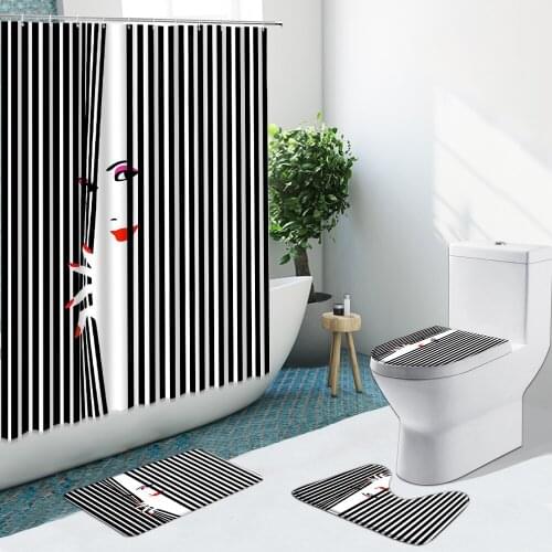 Fashion Red Lips Black White Stripes Shower Curtain Sexy Woman High Heel Non-Slip Flannel Rug Toilet Cover Bathroom Set Bath Mat