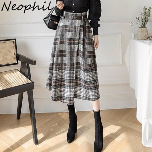 Neophil New Winter Thick Plaid Woolen Belt Asymmetrical Skirts Women High Waist Sarong England Style Checkered Midi Skirt S21821