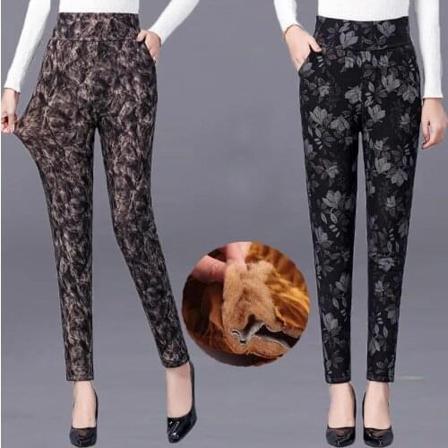 2021 Autumn Winter New Fashion Plus Velvet Warm Leggings Female Printing Flowers Thick Pants Ladies Slim Casual Leggings Z546