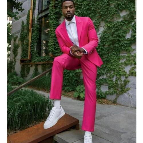 Fuchsia Mens Suits 2 Pieces Slim Fit Prom Tuxedo Groomsmen Wedding Suit Fashion Mens Business Blazer Fomal (Jacket+Pants)