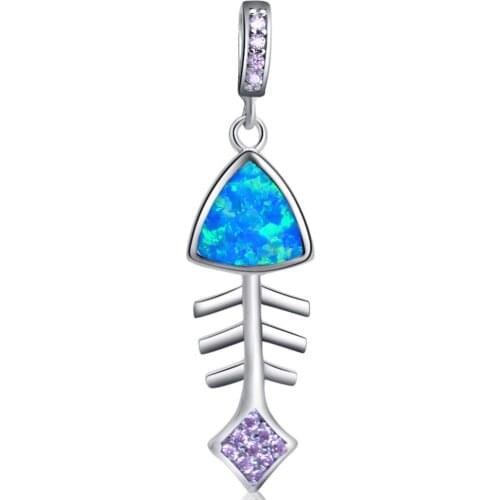 ROLILASON New Fish Charm Pendant Pink Crystal Blue Opal Silver 925 Necklace Pendant Fashion Jewelry OPS718