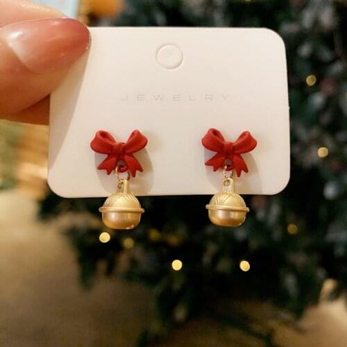 Silver Needle Korean Bow Stud Earrings Contrast Color Little Bell Shape Temperament Earrings New Year Happy Earrings for Women