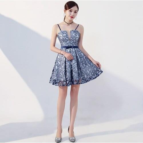 Modern Mini Lace Flower Cheongsam Blue Evening Dress Qipao Promotion Robe Orientale Party Gown Qi Pao Women Chinese Dresses