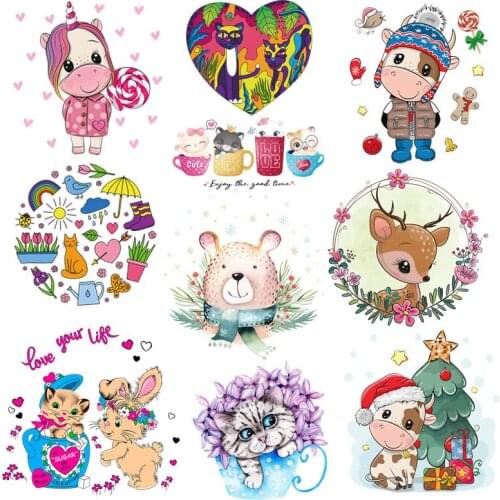 Hippie Unicorn Iron On Transfers Vynil Heat Transfer Cute Cat Cartoon Ironing Stickers Kids T-shirt Thermal Patches For Clothing