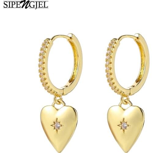SIPENGJEL Fashion Cubic Zircon Golden Heart Hoop Earrings Geometric Glossy Metal Love Drop Earrings For Women Vintage Jewelry