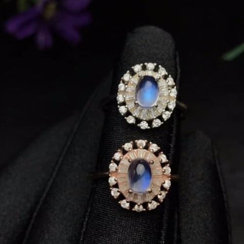 Natural blue moonstone ring, luxurious style, fresh and beautiful, 925 silver exquisite