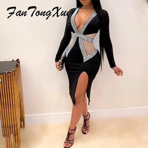 Fall Dresses for Women 2021 Black Mesh Slit Sexy Dress Women Sheath Long Sleeve Deep V Neck Mid-calf Vintage Party Dresses